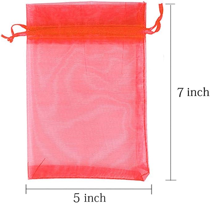 100 Pc 5x7 inch Gift Wrap Bags Red,Organza Sheer Fabric,Drawstring Glossy Pastel Treat Bags for Baby Shower Favor,House Party Favors,Bridal Shower Favor,Lipsense Holder,Xmas,Tea,Cookies,Chocolate