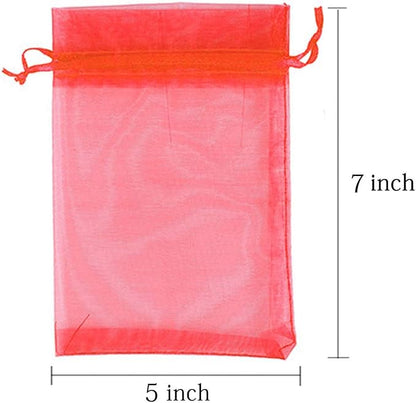 100 Pc 5x7 inch Gift Wrap Bags Red,Organza Sheer Fabric,Drawstring Glossy Pastel Treat Bags for Baby Shower Favor,House Party Favors,Bridal Shower Favor,Lipsense Holder,Xmas,Tea,Cookies,Chocolate