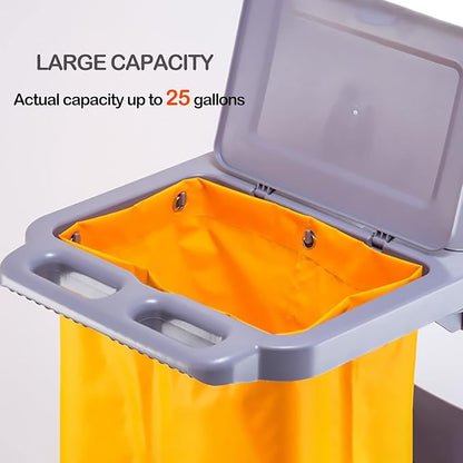 Replacement Janitorial Cart Bag, High Capacity Waterproof Thickened Housekeeping Commercial Janitorial Cleaning Cart Bag with 6 Brass Grommets - 25 Gallon (Brown with 5 Pockets)
