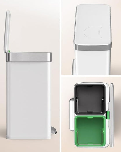Cesun GreenGrin Kitchen Trash Can, 2x8 Gallon Dual Compartment Trash and Recycle Bin Combo, Double Stainless Steel Step Garbage Can with Lid, Recycling Push Flap,Removable Inner Buckets,30L+30L(White)
