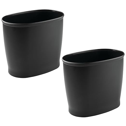 iDesign Slim Plastic Bathroom Trash Can, Small Garbage Bin for Bedroom, Office, Desk, Dorm, 2-Pack, Black