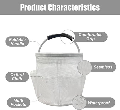 17L Cleaning Caddy with Handle, Foldable Cleaning Supply Caddy with 6 Pockets Cleaning Caddy Bag for Outdoor Camping Garden Harvest Basket Bathroom Storage (Clear)