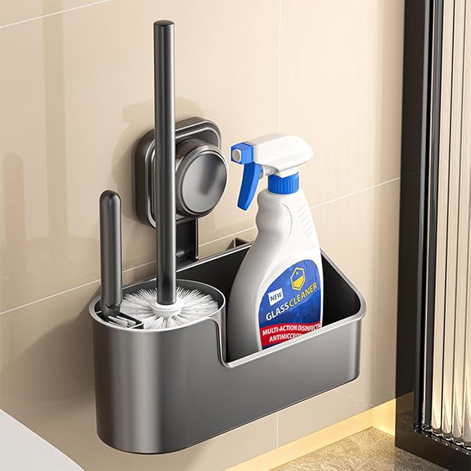 Generic Wall Mounted Toilet Brush Holder with Storage Rack, Grey ABS Plastic, Suction Cup Installation, 21x7.5x39cm, Bathroom Organizer