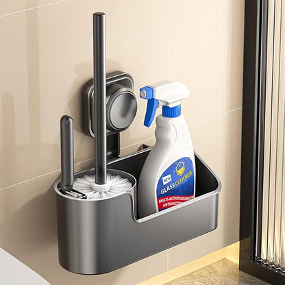 Generic Wall Mounted Toilet Brush Holder with Storage Rack, Grey ABS Plastic, Suction Cup Installation, 21x7.5x39cm, Bathroom Organizer