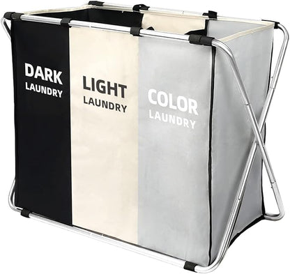 Laundry Cloth Hamper Sorter Basket Bin Foldable 3 Sections with stainless steel Frame Washing Storage Dirty Clothes Bag for Bathroom Bedroom Home Storage Basket(3 Liner, White+grey+black)