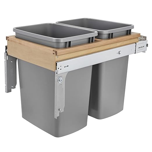 Rev-A-Shelf 35 Qt Top Mount Double Pullout Under Cabinet Kitchen Trash Cans w/Soft-Close for Base Cabinets,150 Pound Rated Full-Extension Slides, Min Opening Width of 15", Silver, 4WCTM-18BBSCDM2