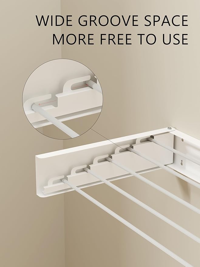 JOOM Laundry Drying Rack Collapsible, Wall Mounted Clothes Drying Rack, Retractable Drying Rack, 31.5" Wide, 5 Aluminum Rods, 60 lb Capacity (White 31.5")