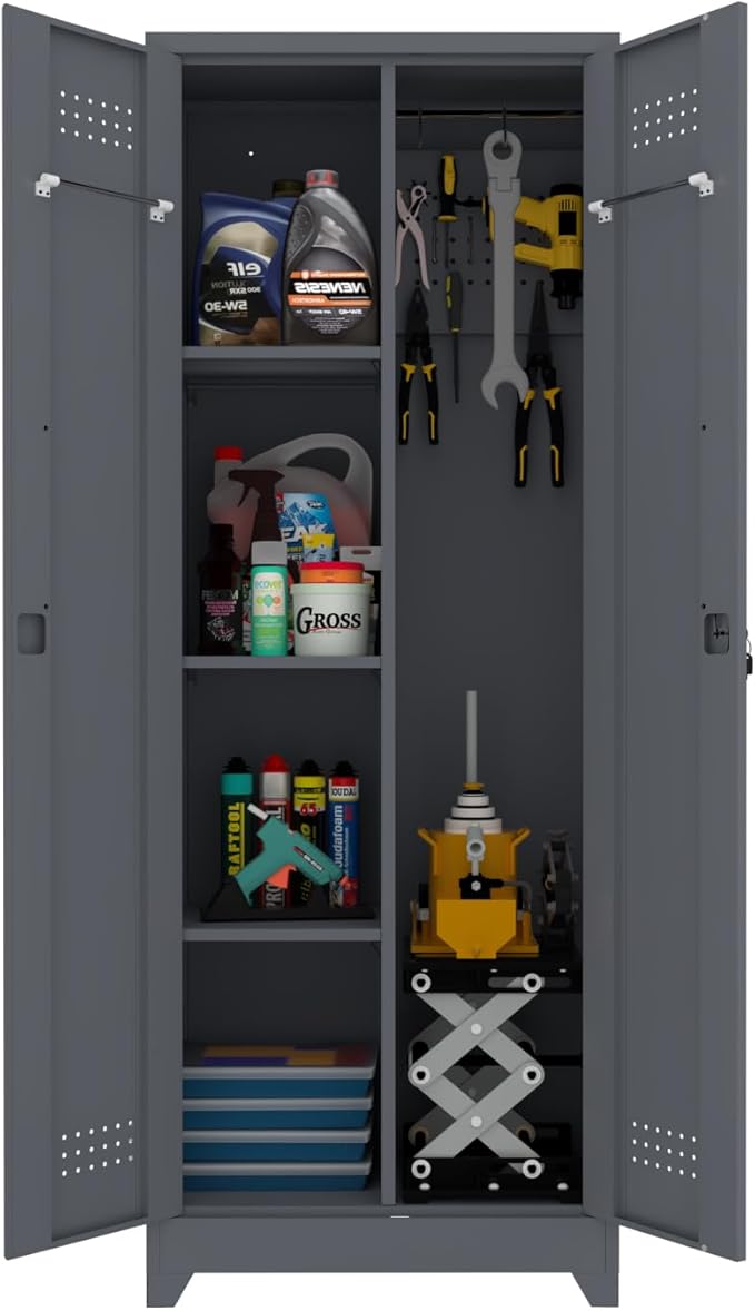 65" H Metal Storage Cabinet,Broom Closet Storage Cabinet with Adjustable Shelves,Locking Steel Cabinets with Pegboard and Hanging Rod,Utility Closet for Brooms and Mops,Grey
