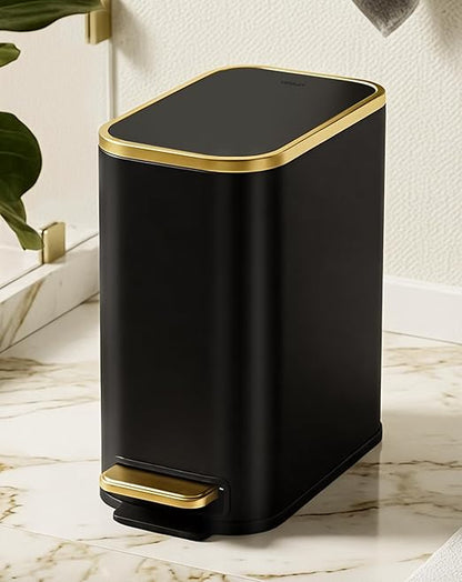Cesun Small Bathroom Trash Can with Lid Soft Close, 5 Liter/1.3 Gallon Stainless Steel Garbage Can with Removable Inner Bucket, Step Pedal, Slim Waste Basket for Toilet, Office, Bedroom (Black&Gold)