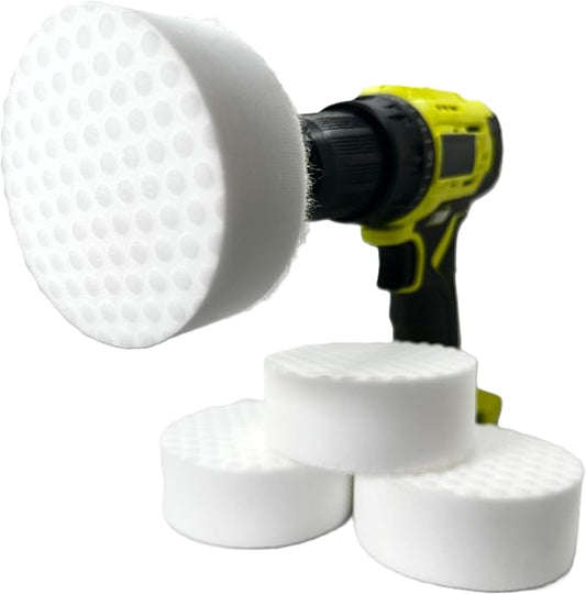 3.5” Drill Powered Magic Sponge Eraser 6 Pieces Kit with Drill Attachment | 25% Thicker Ultra Durable Melamine Cleaning Eraser Pads for Bathroom Kitchen Floors Walls Baseboards Crayon Marker and More
