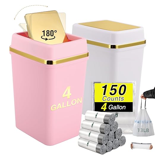 3 Pack Bathroom Trash Can with Lid 4 Gallon Small Trash Can with Swing Lid Bathroom Garbage Can with 150 Counts Trash Bags for Kitchen Bedroom Office(1 White 1 Pink)
