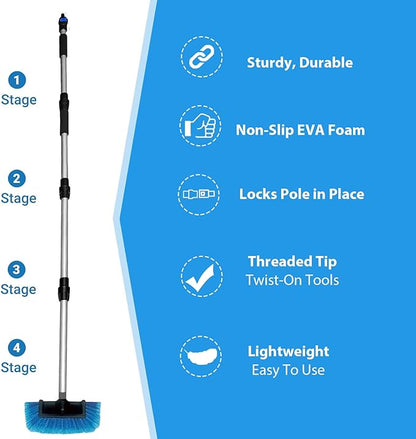Ultimate RV/Truck Wash Brush Kit – 68" Adjustable Aluminum Pole with Flow-Thru Hose Attachment, Soft Bristles w. Replaceable Chenille Mop Squeegee, Reinforced Connectors – Safe for Car/Truck/RV/SUV