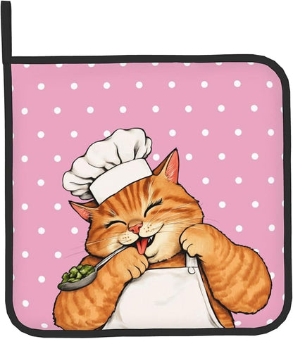 Cat Oven Mitts - Pink Oven Mitts and Pot Holders Sets of 2 Cute Kitten Cooker Kitchen Mitts Hot Pads for Baking Grilling