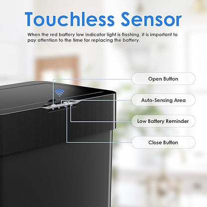 Sensor Trash Can, Touchless Motion Sensor Trash Bin, Smart Automatic Garbage Can with Soft-Close Lid, Bag Retainer Ring and Display Light,for Kitchen,Living Room Office (Black, 16 Gal)