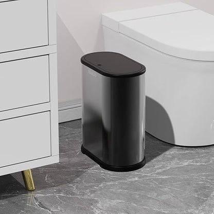 KSSKSS 1.8 Gallons Small Stainless Steel Trash Can with Press Type Lid, Slim Bathroom Garbage Bin, Removable Liner Bucket, Narrow Wastebasket with Pop-Up Lid for Bedroom,Toilet (Titanium Black)