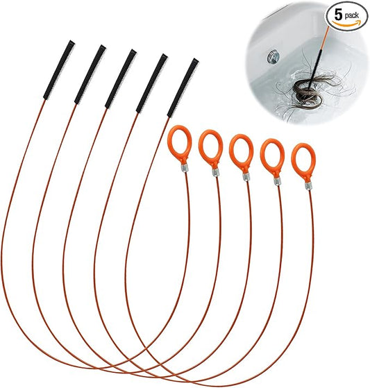 32" Drain Snake Hair Removal Tool, 5 Pcs Drain Clog Remover Tool - Flexible Anti-Break Bendable Drain Hair Remover for Sink, Shower, Tub & Toilet, Drain Cleaner with Grip Handle Orange