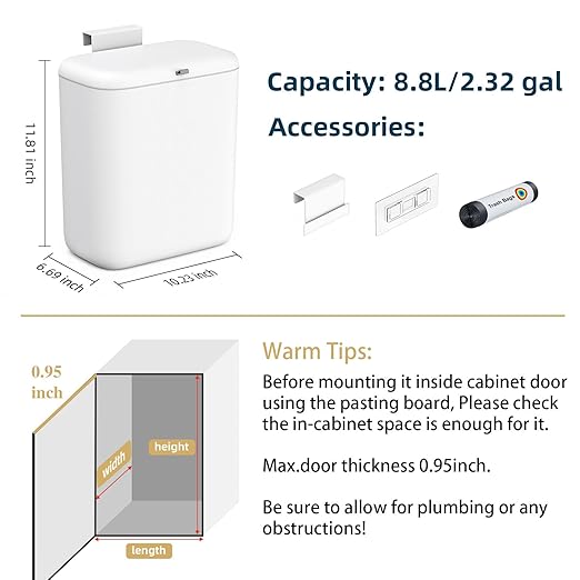 MUEE Compost Bin Kitchen for Counter Top or Under Sink, Hanging Trash Can with Lid [2.3 Gal/8.8L], Food Waste Bin, Mountable Garbage Can for Cupboard/Bathroom/Bedroom/Office/RV, Matte White