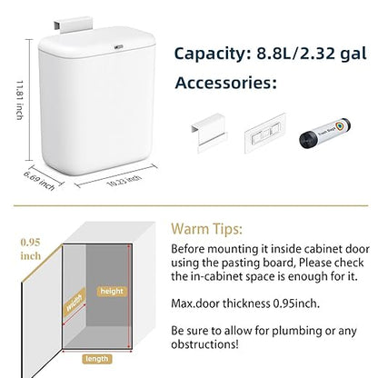 MUEE Compost Bin Kitchen for Counter Top or Under Sink, Hanging Trash Can with Lid [2.3 Gal/8.8L], Food Waste Bin, Mountable Garbage Can for Cupboard/Bathroom/Bedroom/Office/RV, Matte White