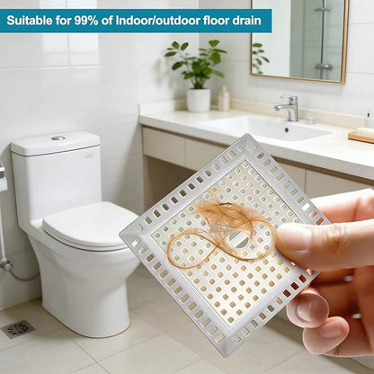 Drain Hair Catcher, 2pcs Square Shower Drain Cover for Bathroom, Drain Strainer, Stainless Steel and Silicone (Square)