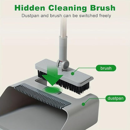 3in1 Broom and Dustpan Combo with Cleaning Teeth, Adjustable Long Handle, 180° Rotating Broom,Ideal for Pet Hair, Indoor Outdoor Heavy Duty Floor Sweeping (Gray)
