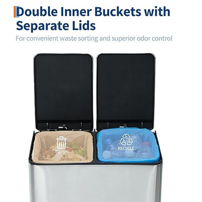 Dual 2 x 8 gal (2 x 30L) Compartments Stainless Steel Trash Can, Soft-Close Sealed Lid, Foldable Foot Pedal, Removable Inner Buckets, Removable Plastic Inner Buckets, Garbage Bin for Kitchen, Office