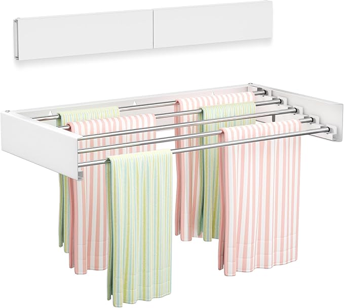 Vikaqi Wall Mounted Clothes Drying Rack 23.6", Foldable Wall Mount Laundry Rack Folding Indoor, Drying Rack Clothing Collapsible, Hidden Space Saver with Wall Template, 5 Rods, White
