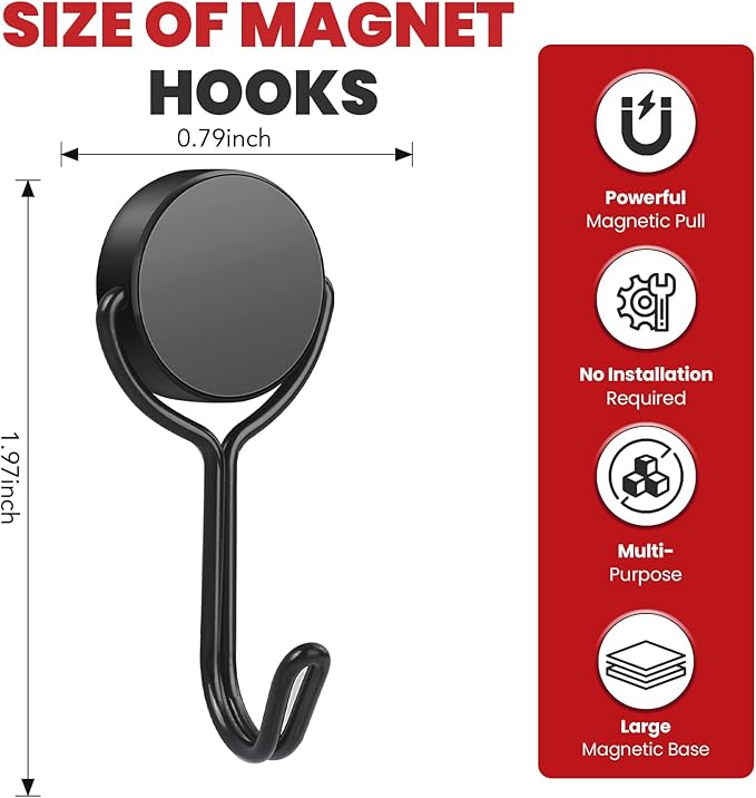 Buelkmag Magnetic Hooks 30LBS 2026 Cruise Ship Essentials Heavy Duty Magnet Hook for Cruise Cabins Strong Swivel Magnets with Hook for Hanging Refrigerator Classroom Home Kitchen Grill 8 Pack-Black