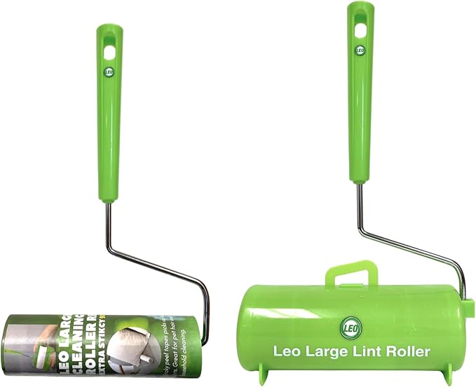 Leo 6.3-Inch Wide Lint Roller with 12-Inch Handle, Dog Hair Roller for Pet Cat Hair Removal, Super Sticky Roll Floor Refill, Leo Cleaning Roller Refill, 1 Roller with 90 Sheets Total, Ergonomic Design