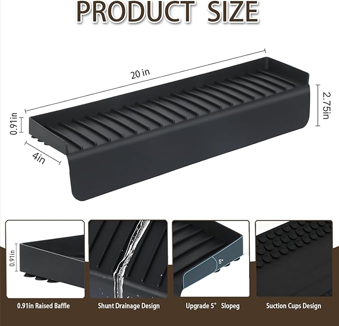 Silicone Sink Edge Protector with Suction Cup 4" x 20",Kitchen Sink Splash Guard for Kitchen, Bathroom Sink, Steel, Granite, Quartz Countertops,Multifuctional Sink Accessories (Black)