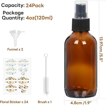 STARSIDE 24 Pack 4 oz Amber Glass Spray Bottles with Fine Mist Sprayer,120 ml Glass Travel Bottles for Cosmetic Essential Oils Cleaning Solutions Perfumes & Liquids