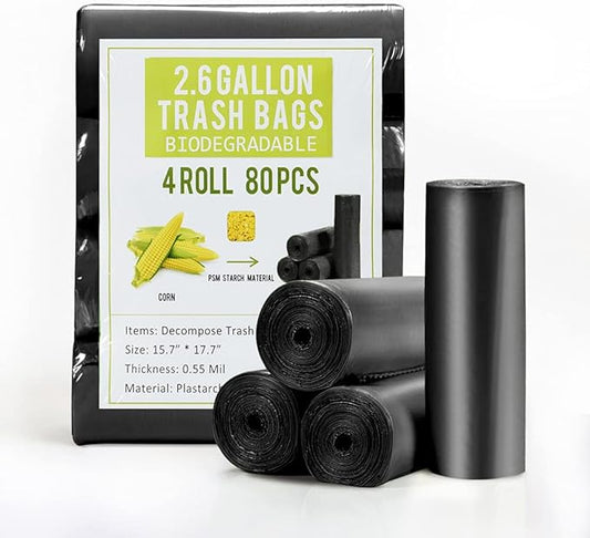 Jaoul Trash Bags 2.6 Gallon, Small Garbage Bags, Strong & Unscented Mini Trash Bags for Kitchen, Bathroom, Office, Restroom, Car, Black, 80 Counts