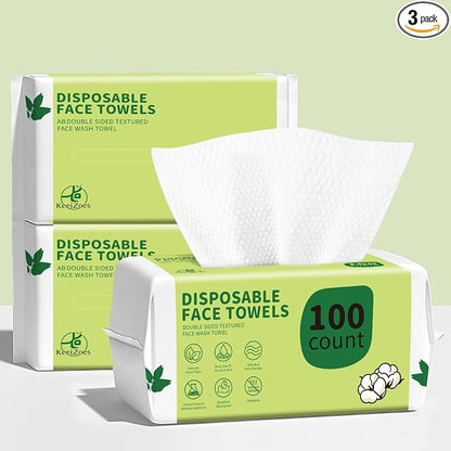 Disposable Face Towels 300 Count, Biodegradable Ultra Soft & Thick Facial Towels for Sensitive Skin, Lint-Free Makeup Remover Dry Wipes, Multi-Purpose Cleansing Towelettes for Face Wipes, Skincare