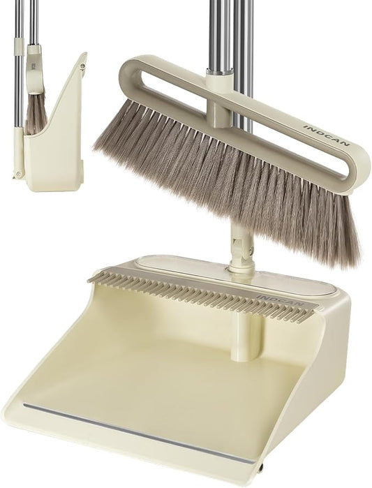 INDCAN Broom and Dustpan Set with 52" Adjustable Long Handle, Upright Standing Dustpan with Comb Teeth, Foldable Dustpan, Angled Broom Head for Corners, Indoor Floor Sweeping Set (Santra Lite)