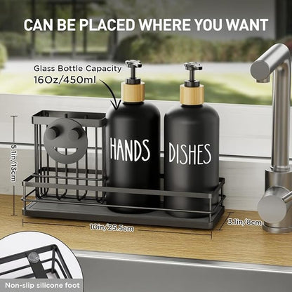 Moforoco Kitchen Dish Soap Dispenser Set, 16OZ Glass Bottle, Hand and Dish Soap Dispenser Set, Instant Dry Tray, Brush Holder with Smiley Face Sponge Holder (Black Tray+Black Bottle)