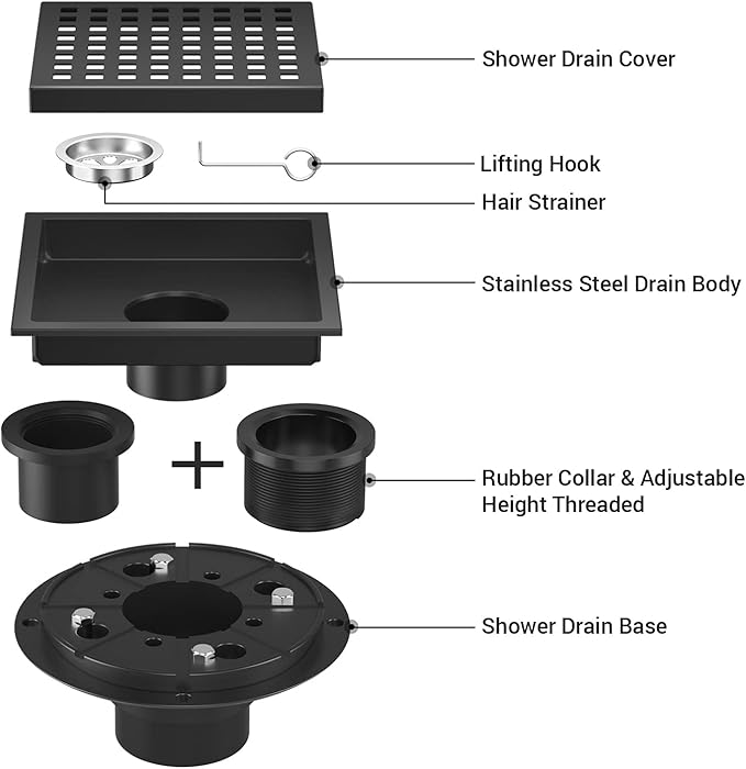 EXF 6-Inch Square Shower Drain with ABS Flange Base, Matte Black 304 Stainless Steel Floor Drain, Removable Grate and Hair Strainer for Modern Bathroom Remodels and Curbless Showers