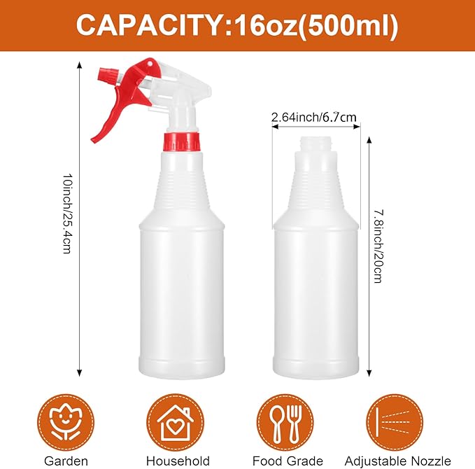 Eccliy 12 Pcs 16 Oz Plastic Spray Bottle, Adjustable Empty Reusable Sprayer for Cleaning, Planting, Water, Bathroom and Kitchen, BBQ, Commercial and Residential (Translucent,Red,Smooth)