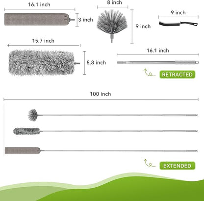 100-inch Duster with Extension Pole, 9-in-1 Cobweb Duster Kit Includes Spider Web Brush & Flat Gap Cleaner for High Ceiling, Fan, Under Appliances, Car, Home Deep Cleaning