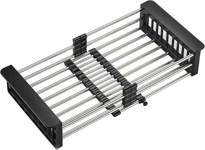 Kitchen Multi-Function Retractable Sink Dish Drying Rack, Stainless Steel Drainer for 10.7"-17" Sinks, Kitchen Countertop Organizer for Dishes, Vegetables, and Fruits (Black & Small)