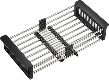 Kitchen Multi-Function Retractable Sink Dish Drying Rack, Stainless Steel Drainer for 10.7"-17" Sinks, Kitchen Countertop Organizer for Dishes, Vegetables, and Fruits (Black & Small)