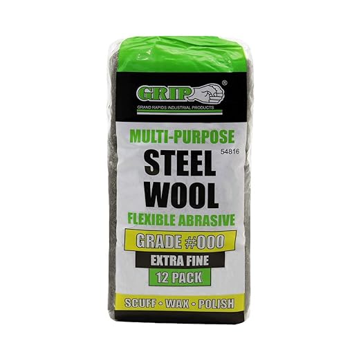 Grip Multi-Purpose Steel Wool Flexible Abrasive 12 Pack (Extra Fine #000) - Scuff Sand Between Coats - Remove Paint Drips/Splatters and Wax/Polish from Fine Furniture - Home, Garage, Workshop