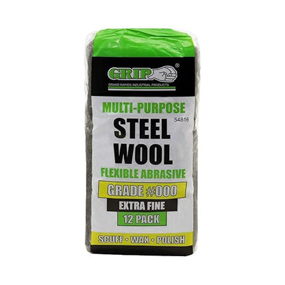 Grip Multi-Purpose Steel Wool Flexible Abrasive 12 Pack (Extra Fine #000) - Scuff Sand Between Coats - Remove Paint Drips/Splatters and Wax/Polish from Fine Furniture - Home, Garage, Workshop