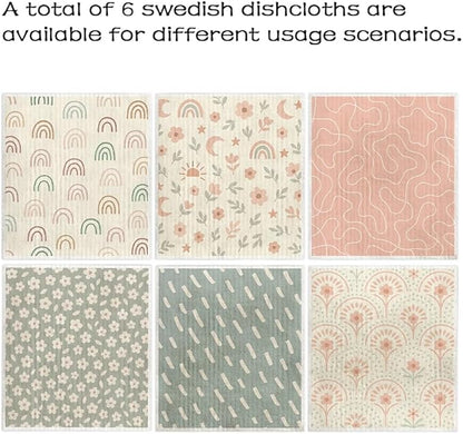 Swedish Dishcloths for Kitchen – 6 Pack Cellulose Reusable Cleaning Paper Towels – Soft, Quick-Drying, Washable Dish Rags for Kitchen, Counters & More (Boho Pattern)