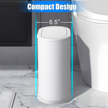 Anzoymx Stainless Steel Bathroom Trash Cans 1.8 Gallons Small Garbage Can with Pop up Lid, Dog Proof Narrow Wastebasket, Slim Waterproof Litter Trash Bins Set for Bedroom, Toilet, Office (White)