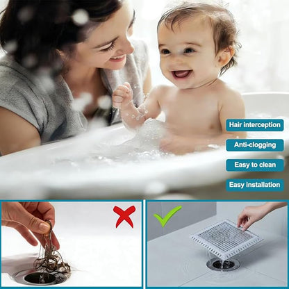 Drain Hair Catcher, 2pcs Square Shower Drain Cover for Bathroom, Drain Strainer, Stainless Steel and Silicone (Square)