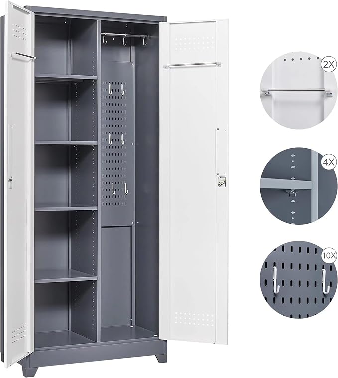 72"H Tall Metal Garage Storage Cabinet, Freestanding Broom Closet Storage Cabinet with Locking Door for Cleaning Tool, Large Tool Organizer Cabinet with Hanging Rod for Home Office, Grey White