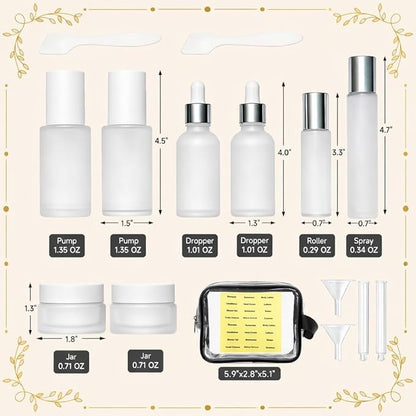 18-Pack Glass Travel Bottles Set, 1.35/0.7/1 oz TSA Approved Containers with Pump Spray, White Small Bottles for Toiletries, Makeup, Skincare