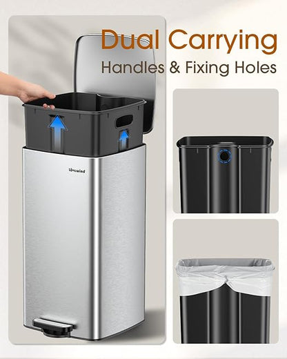 Lovewind Kitchen Trash Can with Lid, 8 Gallon/30 L Footstep Garbage Can for Kitchen Bedroom Home Office, 30 Liter Trash Bin Brushed Stainless Steel Waste Bin with Soft-Close Lid,Silver