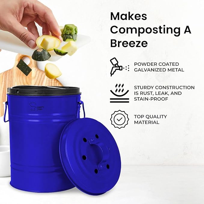 Chef's Star Countertop Compost Bin for Kitchen, Indoor Compost Bin for Kitchen Counter, Small Composter for Kitchen Counter, with Charcoal Filter, Airtight Lid, 0.8 Gallon Compost Pail, Blue