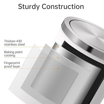 Mbillion Small Trash Can with Swing Lid 4 Gallons/ 15 Liter, Mini Trash Can with lid, Stainless Steel Cylindrical Garbage Can for Home and Office Bathroom Bedroom, for Ground and Desktop White