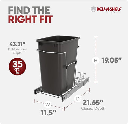 Rev-A-Shelf Single 35 Qt Pullout Trash Can for Base Kitchen Cabinets, Garbage Waste Bin System with Full Extension Slides, Min Opening Width of 11.5", Orion Gray, RV-12KD-13C-S
